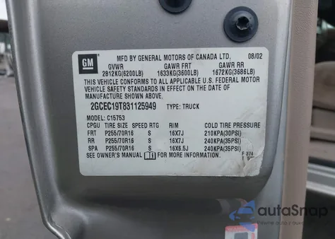 2003 Chevrolet Silverado 1500 Ls from USA, damaged, VIN 2GCEC19T831125949